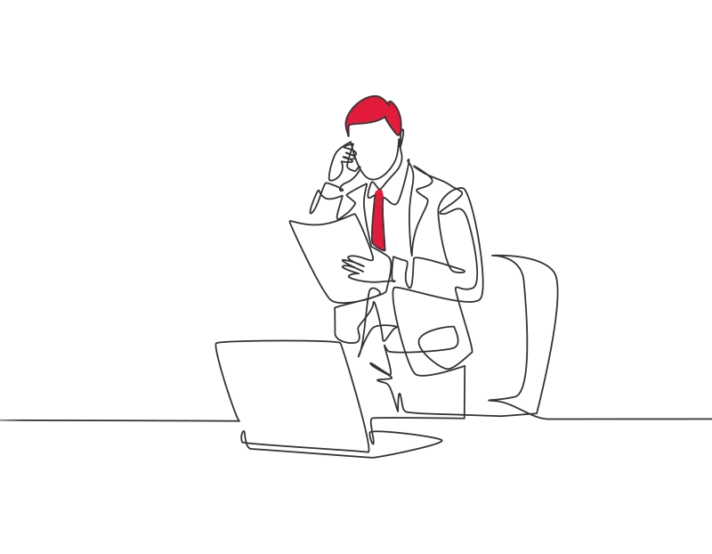 An illustration of a man making a phone call while looking at a document, in front of a laptop