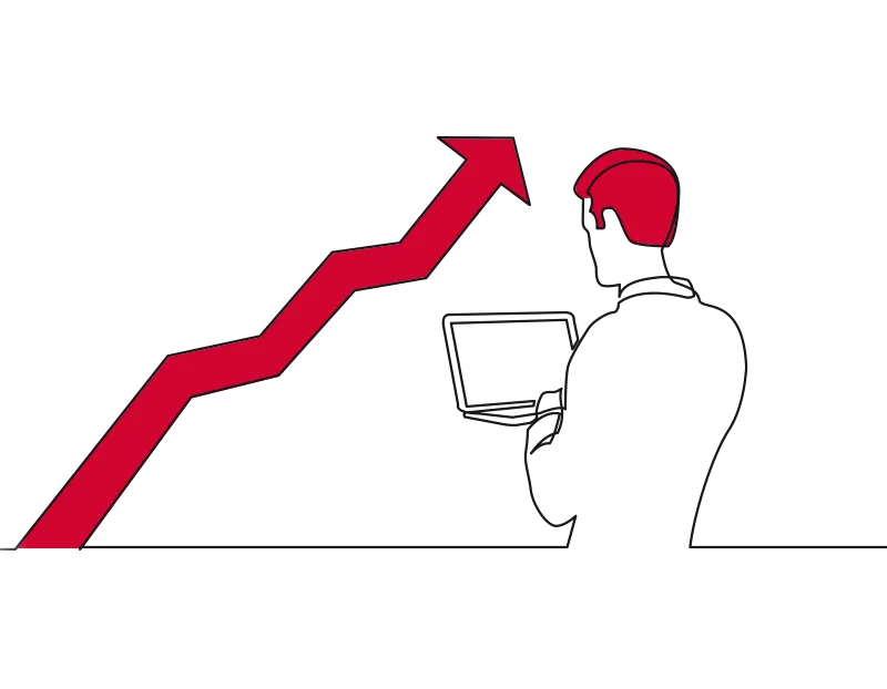 An illustration of a man working on a laptop next to a red arrow on a chart