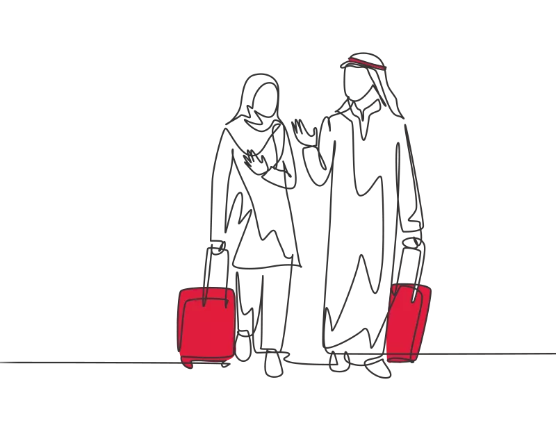 An illustration of two people wearing traditional Arabic dress and talking as they wheel red suitcases