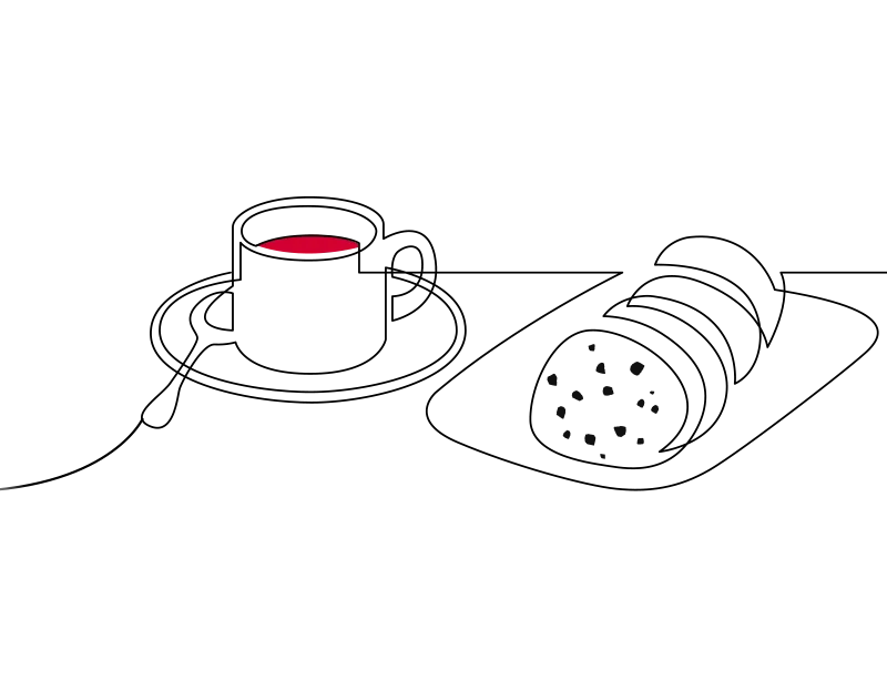 An illustration of a cup and saucer next to a plate of cookies