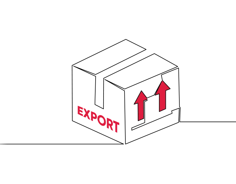 An illustration of a box with 'export' written on it in red and arrows pointing up