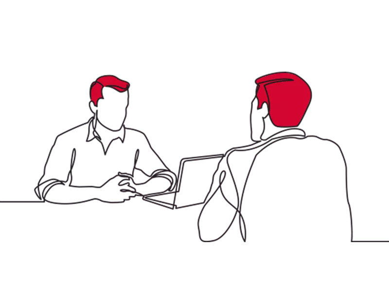 An illustration of two people meeting at a desk with a laptop between them