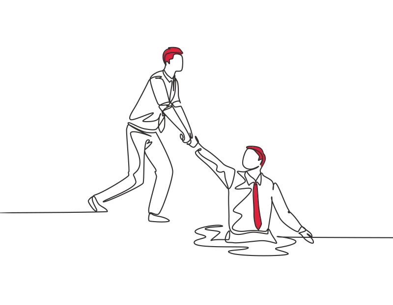 An illustration of a man pulling another one out of a hole which he's in to his waist