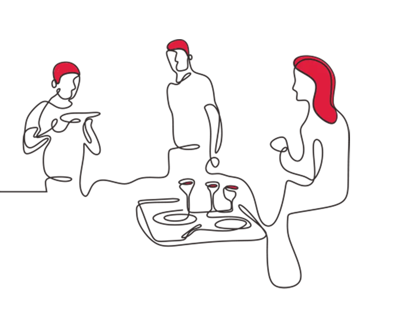 An illustration of three people sat around enjoying drinks