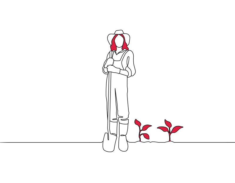 An illustration of a farmer holding a farming tool, next to some red seedlings