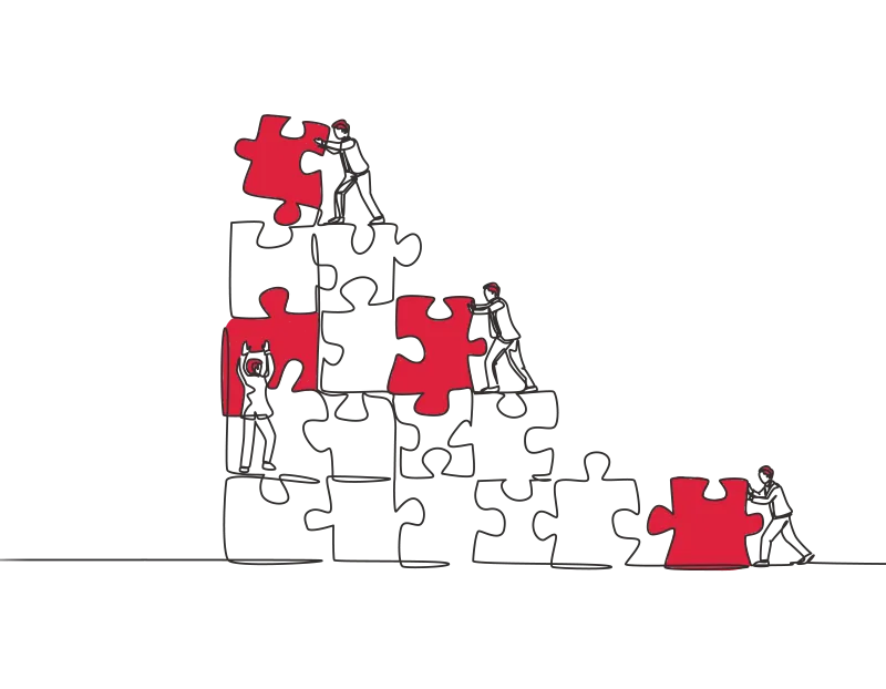 An illustration of four men rearranging numerous large jigsaw pieces together