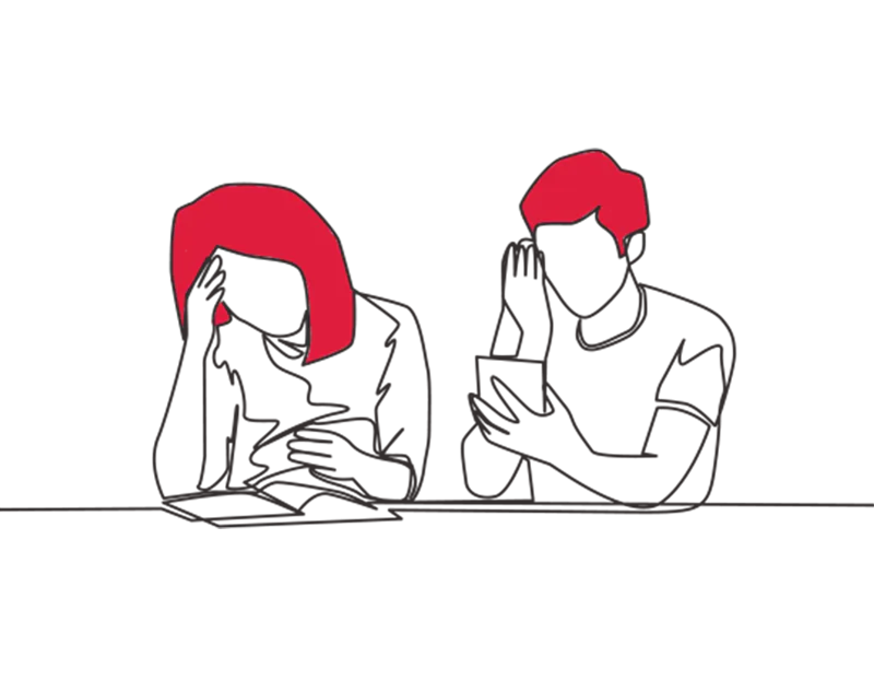 Illustration of a man and woman, each with their head in their right hands