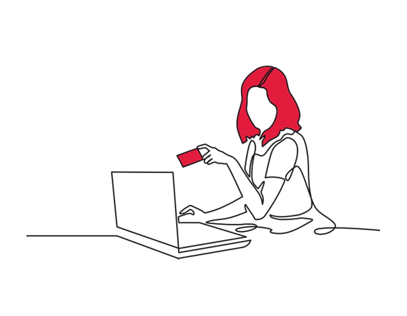 Illustration of a woman using a laptop and holding a bank card