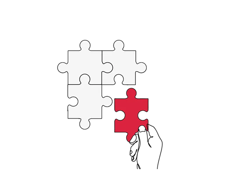 Illustration of a jigsaw with three white pieces and a single red piece being slotted into place