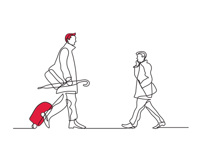 An illustration of two people walking in different directions, one with an umbrella and case