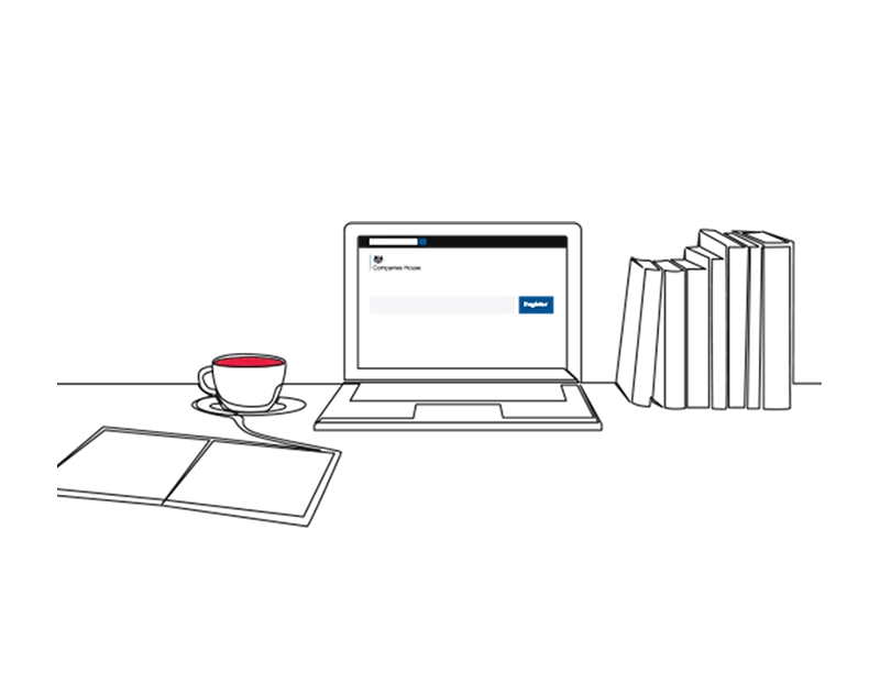 Illustration of a laptop, a hot drink in a mug, a notebook and books