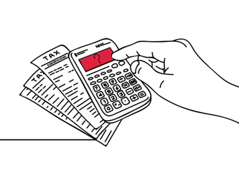 An illustration of a hand using a calculator that sits on top of three piece of paper marked 'tax'