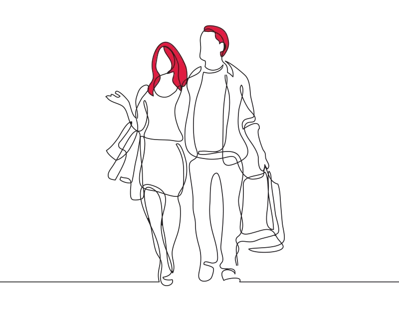 An illustration of a man and woman walking arm in arm, he is carrying a bag in his left hand