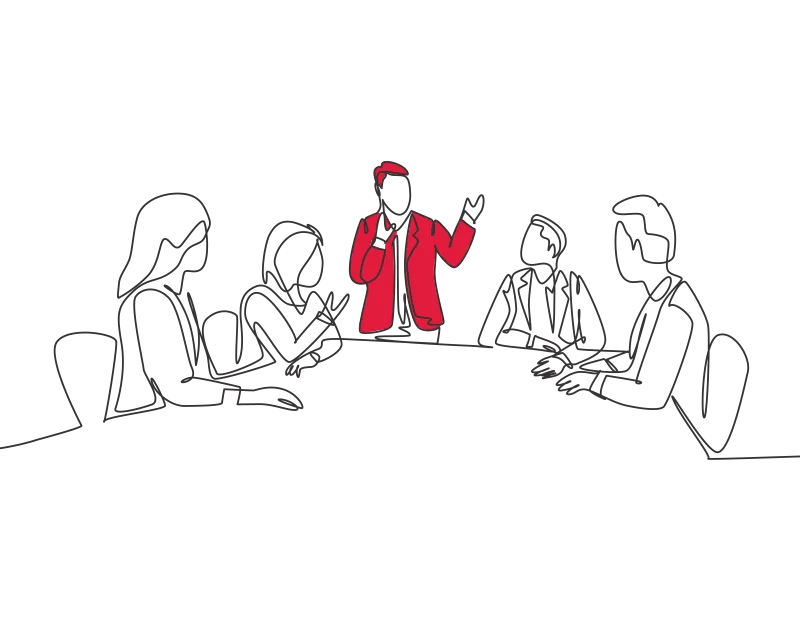 Illustration of a man, depicted in red, talking to four people seated at a table