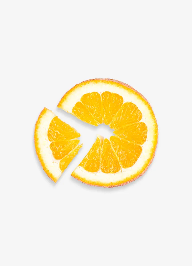 A slice of orange, with a section cut out on the left