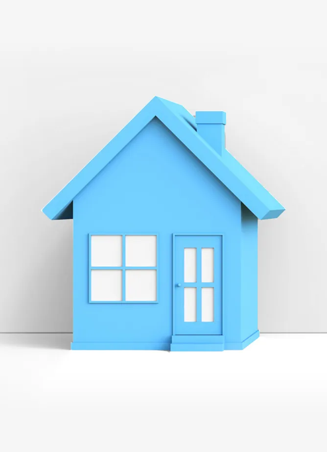 A blue toy house with a door and window