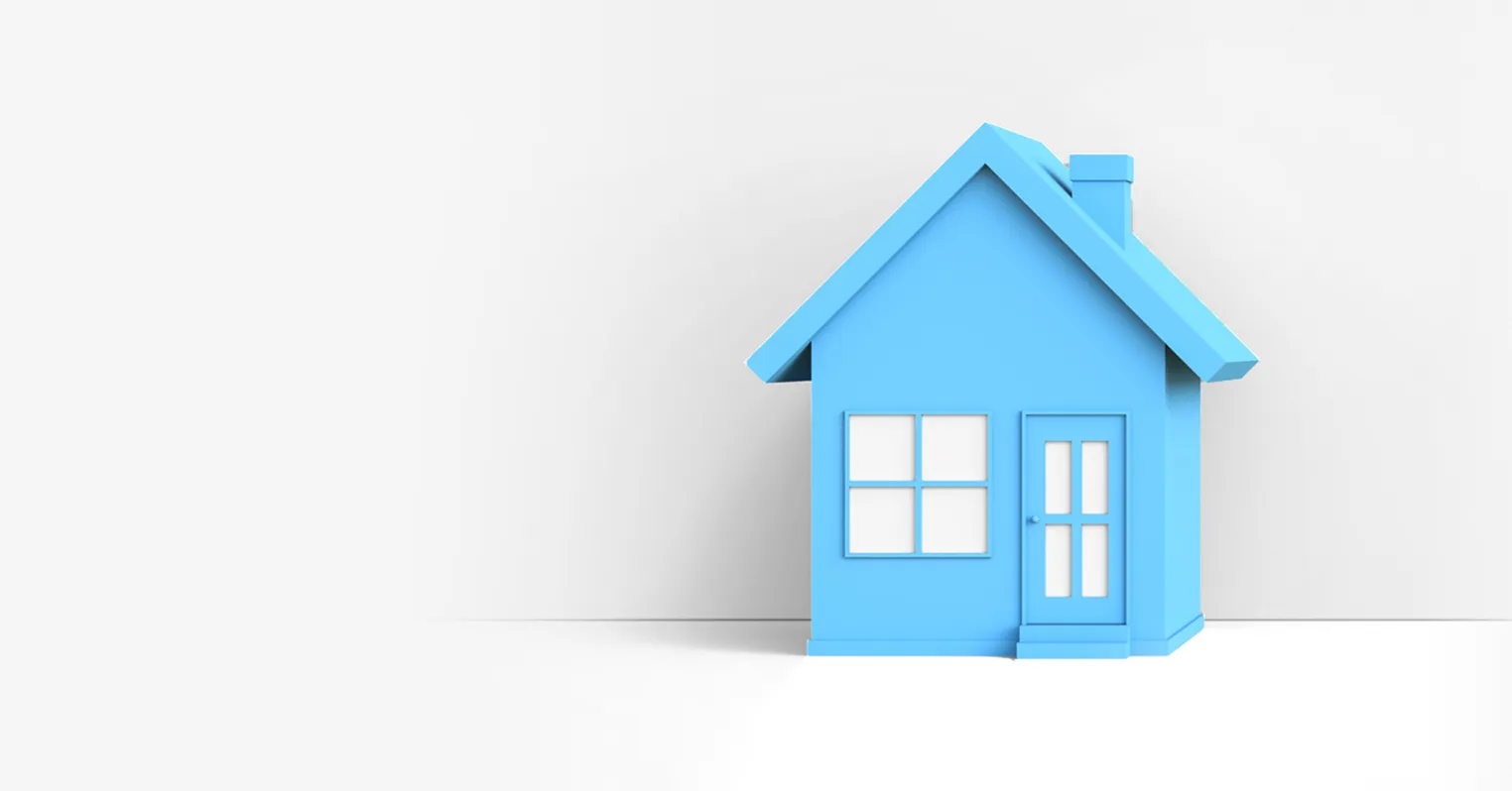 A blue toy house with a door and window