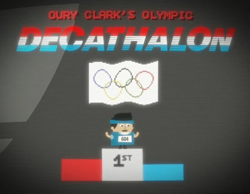 Image showing a computer generated image of Oury Clark's Olympic Decathlon with a cartoon character standing on the 1st place podium under the Olympic rings logo